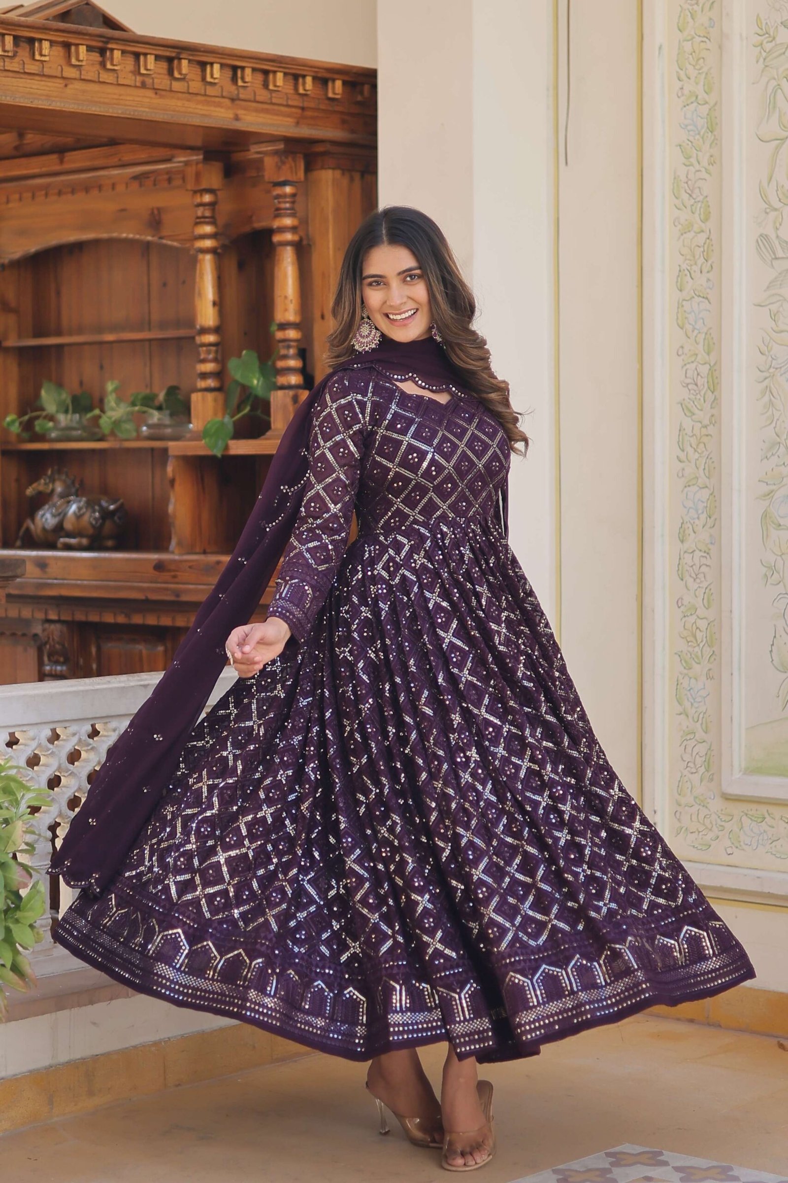 Wine Faux Blooming Designer Gown with Sequined Dupatta ? Elegant Fully Flared Party & Wedding Set - Image 5